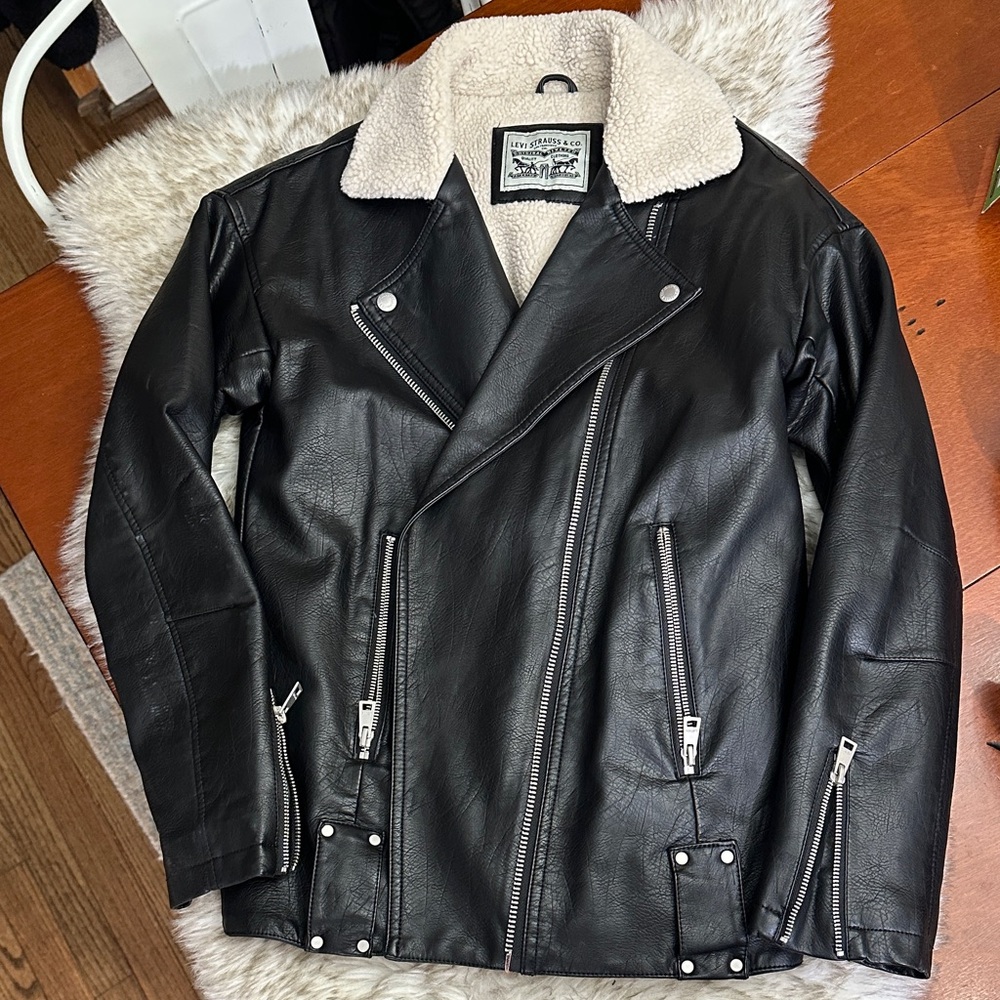 Levi's Black Leather Jacket with Shearling Collar